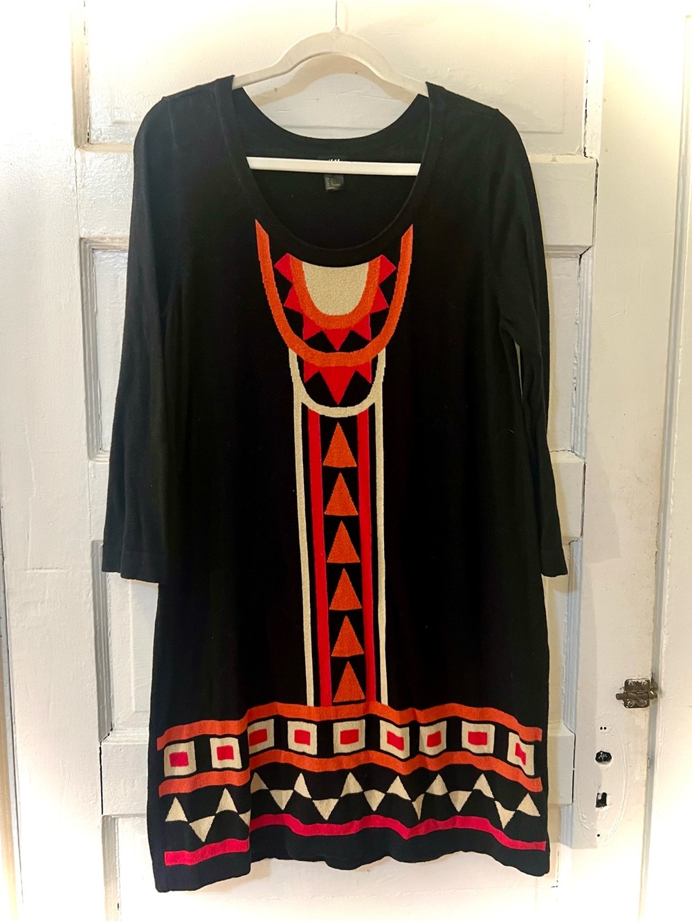 Black Knit Slimming Sweater Midi Dress with Colorful Medallion Pattern